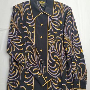 Bob Mackie Wearable Art Womens Large Black Gold Lavender Swirl Button Up Blouse